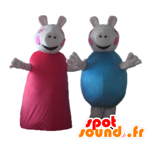 2 mascots pigs, one in red dress, the other in blue - MASFR24485 - Mascots pig