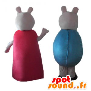 2 mascotes porcos, um vestido em vermelho, o azul em outros - MASFR24485 - mascotes porco