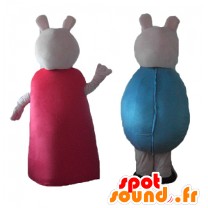 2 mascotte maiali, uno in abito rosso, l'altra in blu - MASFR24485 - Maiale mascotte