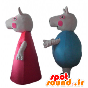 2 mascotes porcos, um vestido em vermelho, o azul em outros - MASFR24485 - mascotes porco