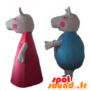 Två maskotar för grisar, den ena i en röd klänning, den andra i