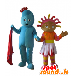 2 maskoter, en blå mann og en farget jente - MASFR24486 - Ikke-klassifiserte Mascots