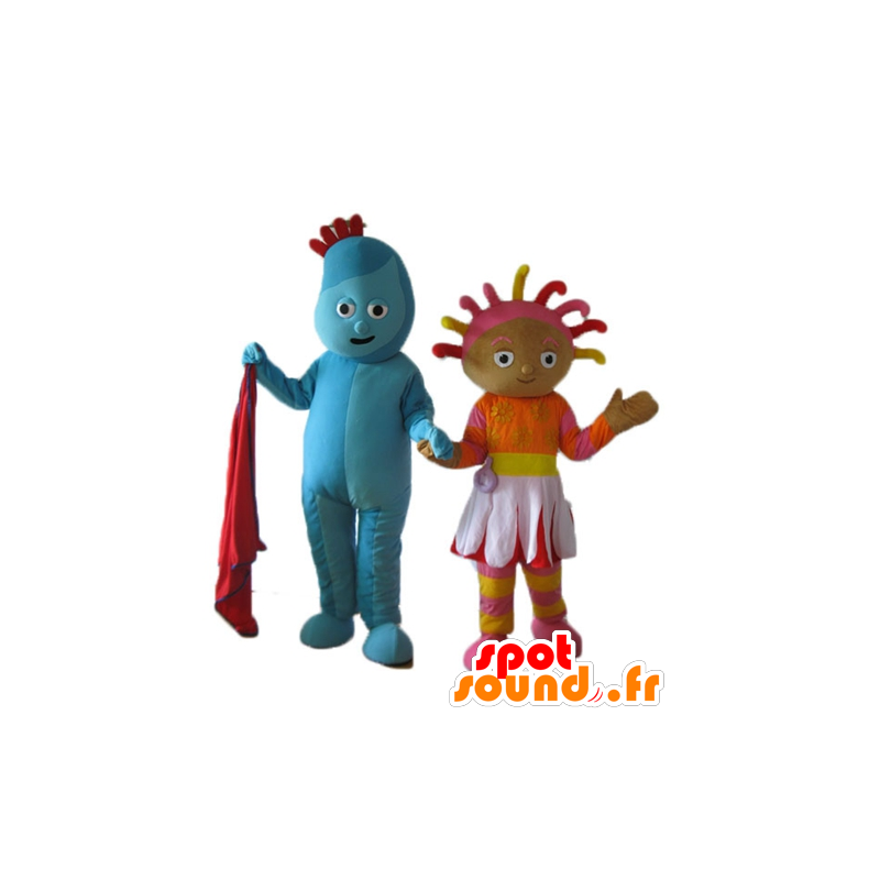 2 maskoter, en blå mann og en farget jente - MASFR24486 - Ikke-klassifiserte Mascots