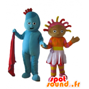 2 maskoter, en blå mann og en farget jente - MASFR24486 - Ikke-klassifiserte Mascots