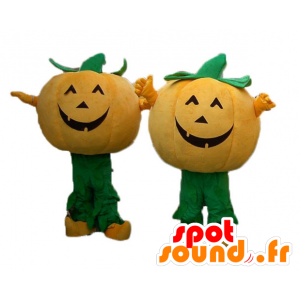 2 orange och gröna pumpmaskoter för Halloween - Spotsound maskot