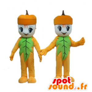 2 mascotes bolotas, homem amarelo e verde - MASFR24491 - Mascotes não classificados