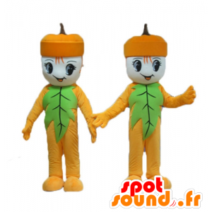 2 mascottes eikels, geel en groen man - MASFR24491 - Niet-ingedeelde Mascottes
