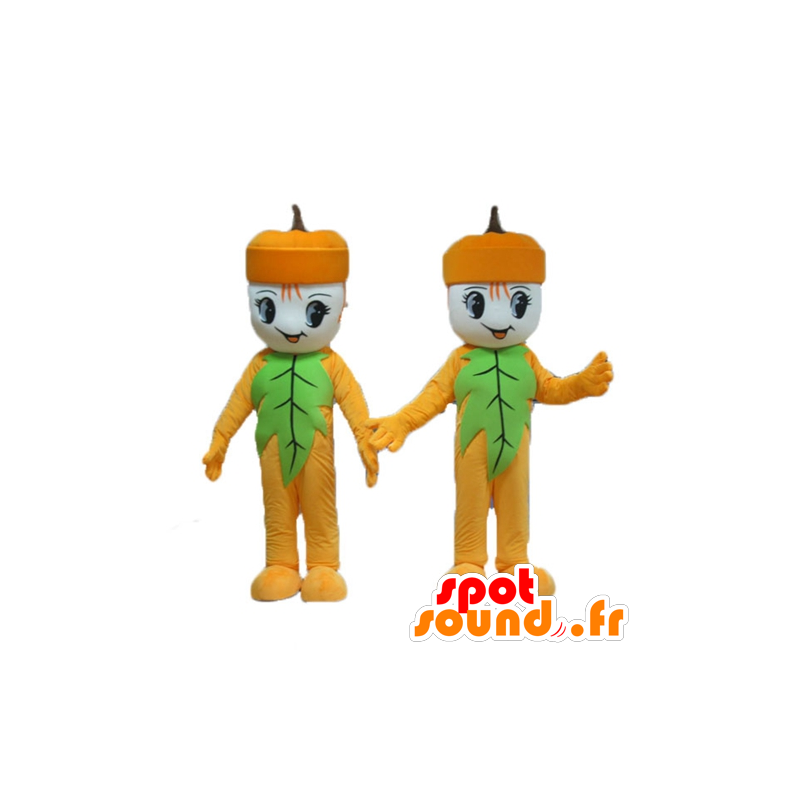 2 mascotes bolotas, homem amarelo e verde - MASFR24491 - Mascotes não classificados