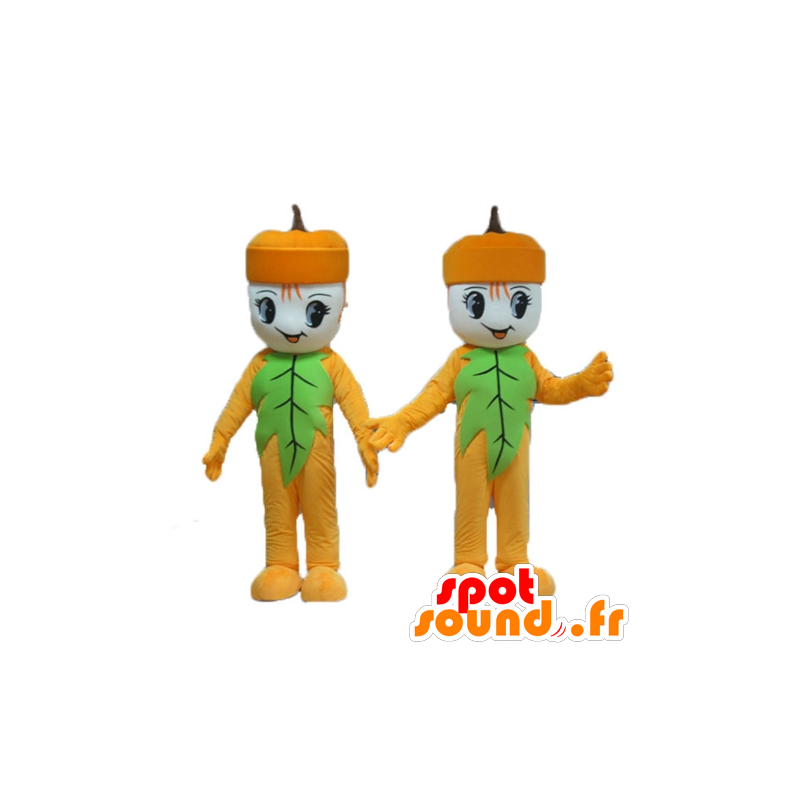 2 mascottes eikels, geel en groen man - MASFR24491 - Niet-ingedeelde Mascottes