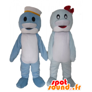 2 mascots dolphins, blue and white fish - MASFR24495 - Mascot Dolphin