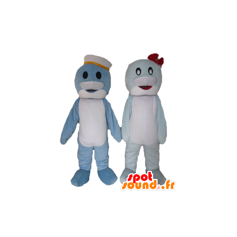 2 mascotes golfinhos, peixe azul e branco - MASFR24495 - Dolphin Mascot