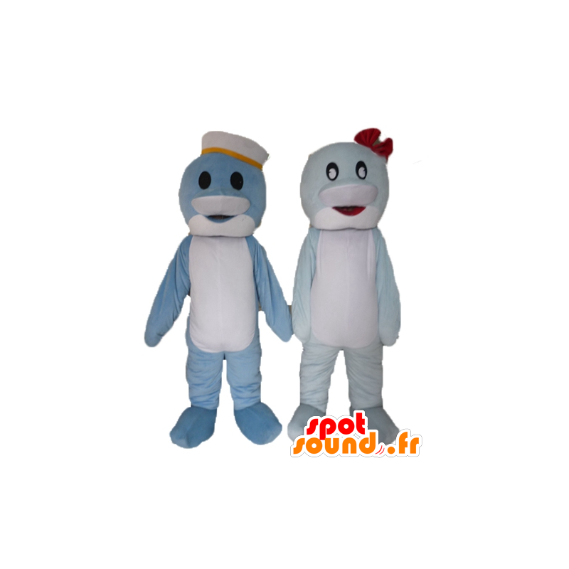 2 mascottes dolfijnen, blauwe en witte vis - MASFR24495 - Dolphin Mascot