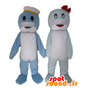 2 maskoter delfiner, blå og hvit fisk - MASFR24495 - Dolphin Mascot