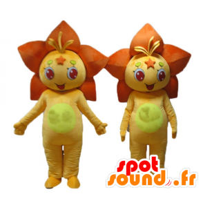 2 maskotter med orange og gule blomster, lilje blomster -