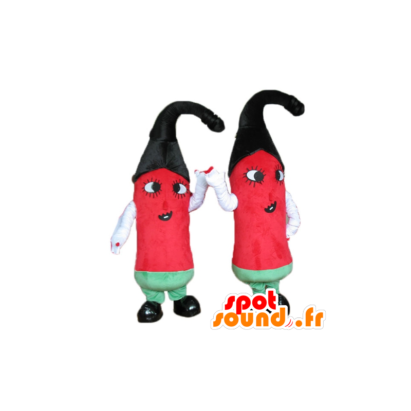 2 maskotar av röda, gröna och svarta paprika - Spotsound maskot