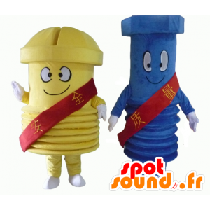 2 jätte skruvmaskoter, en blå och en gul - Spotsound maskot