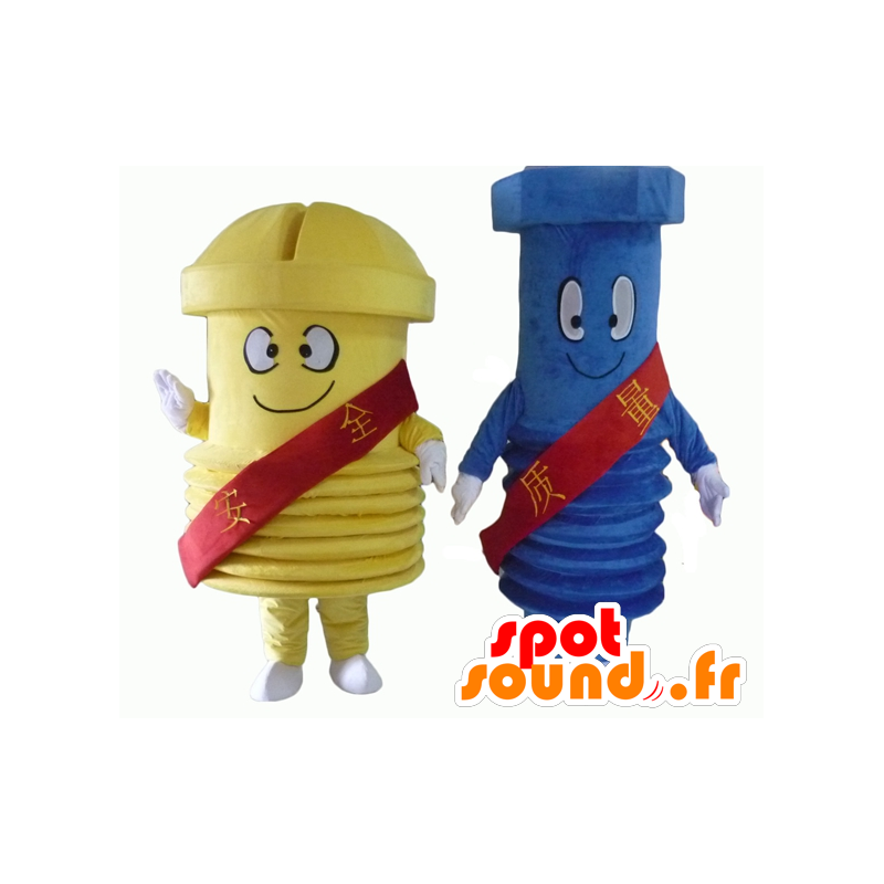 2 giant screw mascots, one blue and one yellow - MASFR24502 - Mascots of objects