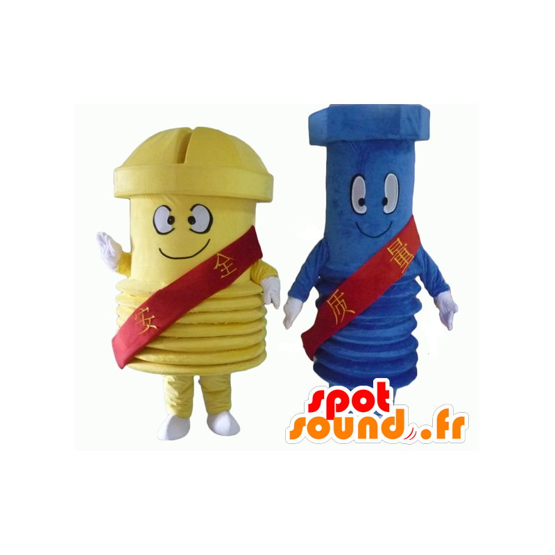 2 reuze schroef mascottes, een blauwe en een gele - MASFR24502 - mascottes objecten