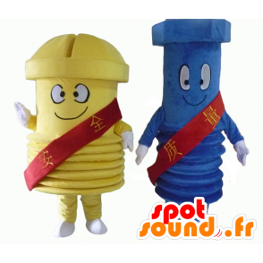2 giant screw mascots, one blue and one yellow - MASFR24502 - Mascots of objects