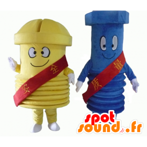 2 mascotes parafuso gigante, um azul e um amarelo - MASFR24502 - objetos mascotes