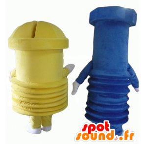 2 giant screw mascots, one blue and one yellow - MASFR24502 - Mascots of objects