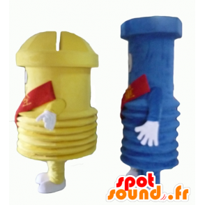 2 giant screw mascots, one blue and one yellow - MASFR24502 - Mascots of objects