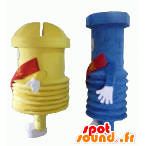 2 reuze schroef mascottes, een blauwe en een gele - MASFR24502 - mascottes objecten