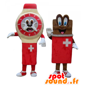 2 maskotar, en klocka och en chokladkaka, schweizisk -
