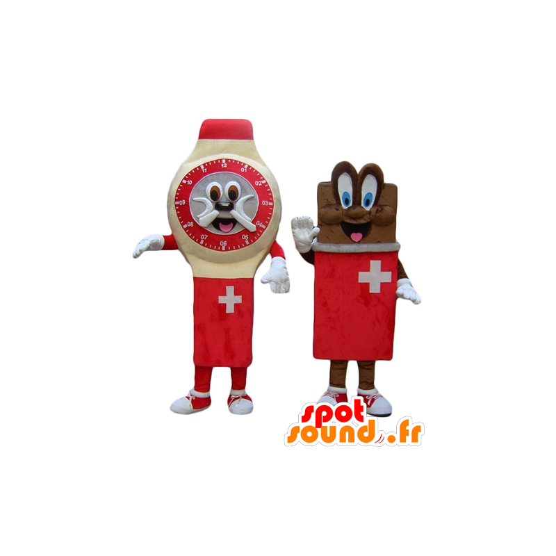 2 maskotter, et ur og en chokoladebar, schweizisk - Spotsound