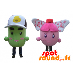 2 mascotes bonecos de neve colorido, rosa e batatas verdes - MASFR24505 - Mascotes não classificados