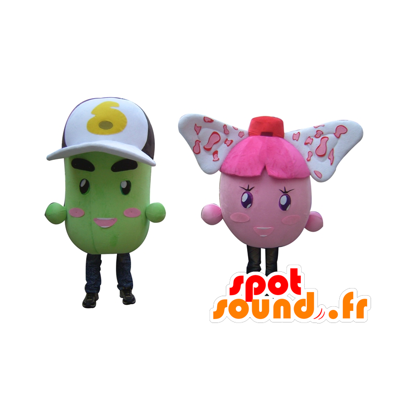 2 mascotes bonecos de neve colorido, rosa e batatas verdes - MASFR24505 - Mascotes não classificados