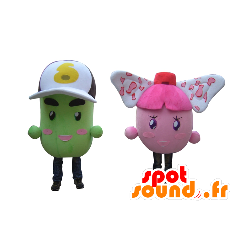 2 mascottes kleurrijke sneeuwpoppen, roze en groene aardappelen - MASFR24505 - Niet-ingedeelde Mascottes