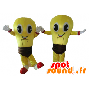 2 mascotte di lampadine gialle e marrone, molto sorridente - MASFR24506 - Lampadina mascotte