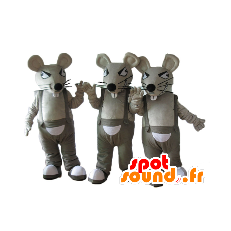 3 mascots of gray and white rats, in overalls - MASFR24509 - Mouse mascot