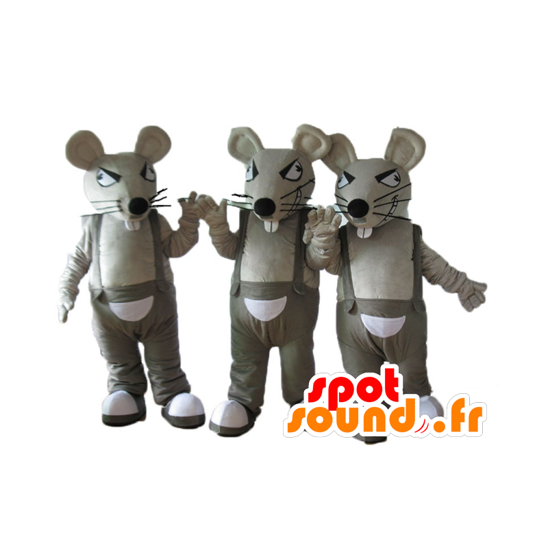 3 maskotar av grå och vit råtta, i overall - Spotsound maskot