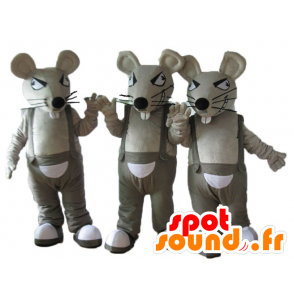 3 mascottes van grijze en witte ratten in overall - MASFR24509 - Mouse Mascot