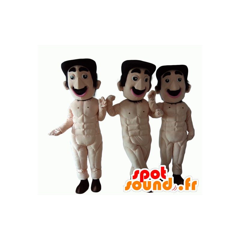 3 mascottes d'hommes moustachus, entièrement nus - MASFR24516 - Mascottes Homme