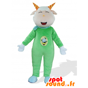 Mascotte de Green goat, chèvre rose et blanche, habillée en vert - MASFR25018 - Mascottes Yuru-Chara Japonaises