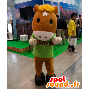 Mascotte de Turfy, poulain marron avec une crinière jaune - MASFR25030 - Mascottes Yuru-Chara Japonaises