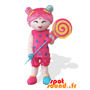 Mascotte de Candy girl, de fillette rose avec une sucette géante - MASFR25032 - Mascottes Yuru-Chara Japonaises