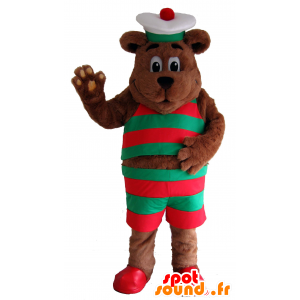 Brun bjørnemaskot, i rød og grøn sømandstøj - Spotsound maskot