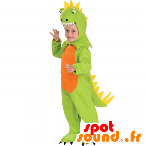 Grön, orange och gul dinosaurmaskot, full förklädnad -