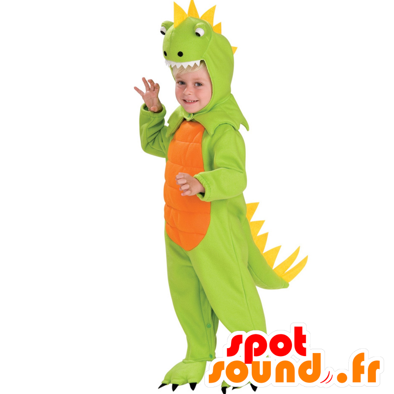 Green dinosaur mascot, orange and yellow, full disguise - MASFR25044 - Mascots for childs