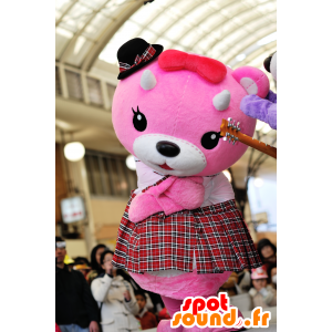 Mascotte de nounours rose et blanc, avec un kilt - MASFR25050 - Mascottes Yuru-Chara Japonaises