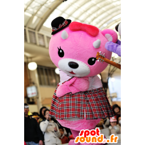 Μασκότ ροζ και λευκό αρκουδάκι με μια σκωτσέζικη φούστα - MASFR25050 - Yuru-Χαρά ιαπωνική Μασκότ