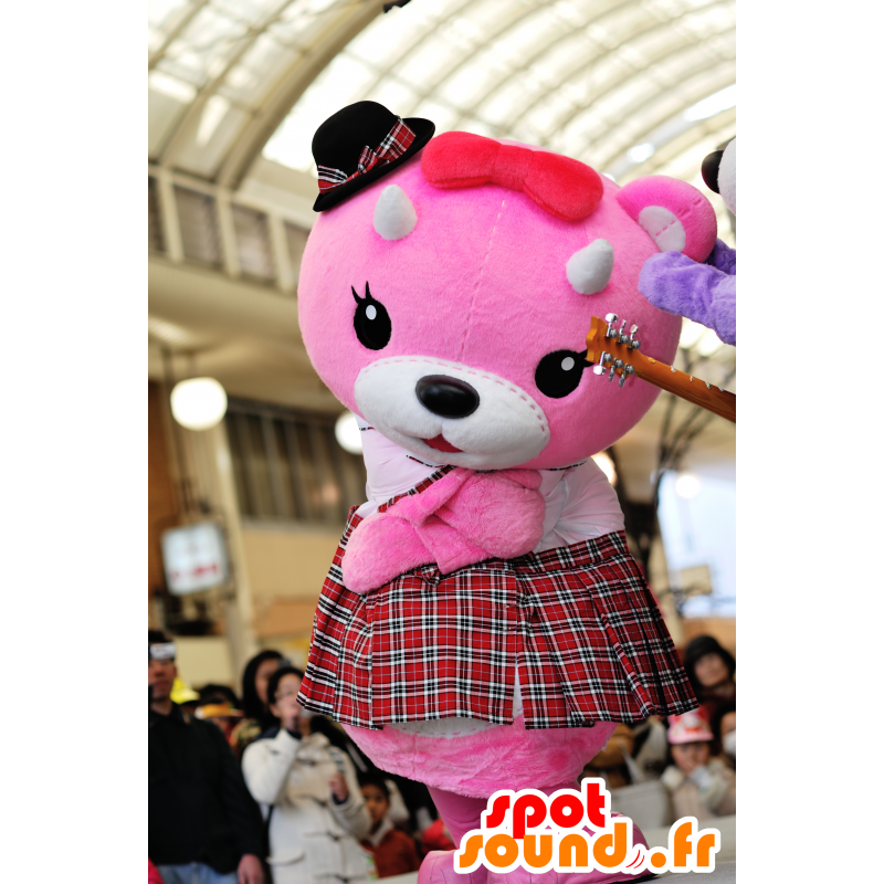 Mascotte de nounours rose et blanc, avec un kilt - MASFR25050 - Mascottes Yuru-Chara Japonaises