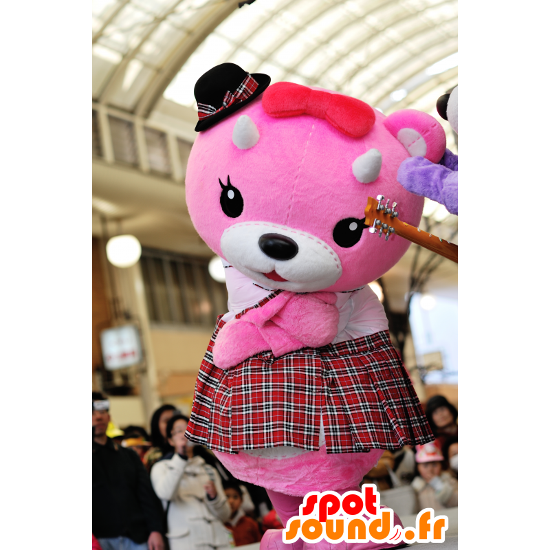 Μασκότ ροζ και λευκό αρκουδάκι με μια σκωτσέζικη φούστα - MASFR25050 - Yuru-Χαρά ιαπωνική Μασκότ