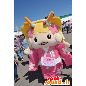 Maskot Tsu geinô blondýna oblečená v růžové - MASFR25055 - Yuru-Chara japonské Maskoti