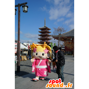 Maskot Tsu geinô blondýna oblečená v růžové - MASFR25055 - Yuru-Chara japonské Maskoti