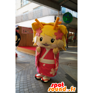Mascot Tsu Geino chica rubia vestida de rosa - MASFR25055 - Yuru-Chara mascotas japonesas